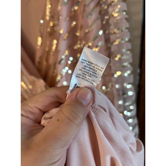Roamans Women’s Gold Sequin Maxi Dress Blush Pink Chiffon Size 42W V Neck Event - Picture 9 of 11